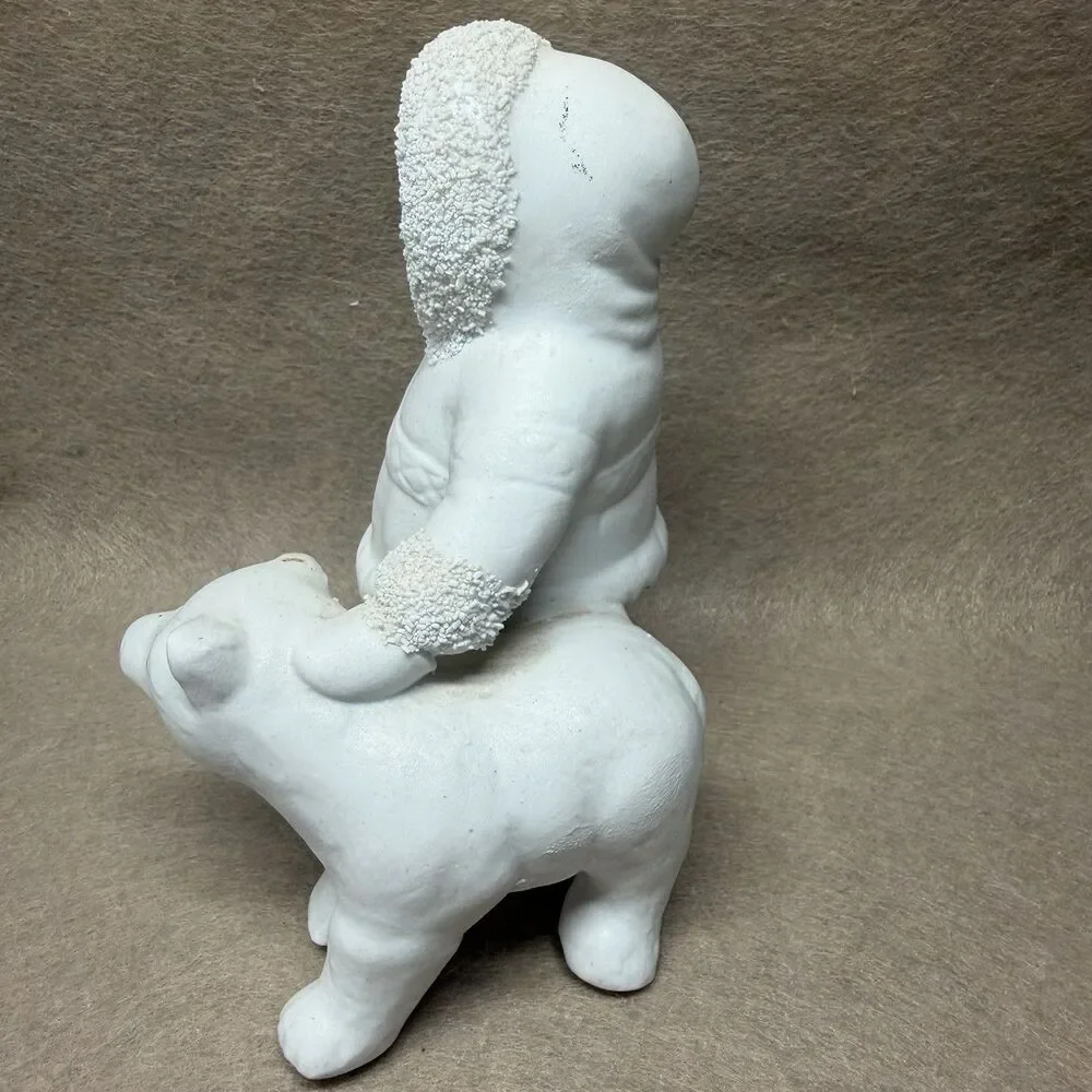 Retro Ceramic Inuit Child with Polar Bear Figurine Statue 5.5